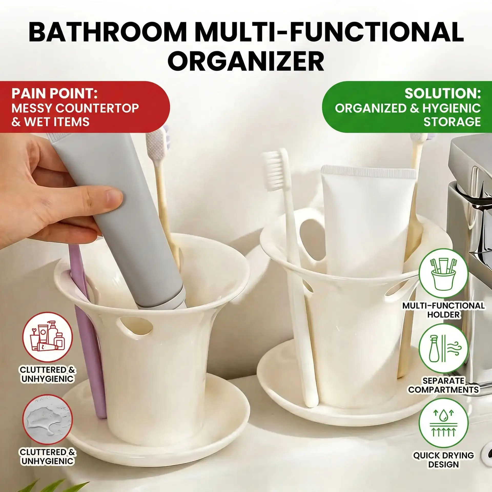 4‑Slot Desktop Bathroom Sink Organizer Rack, 1Pc Toothbrush Storage with Toothpaste Holder for Holiday Household