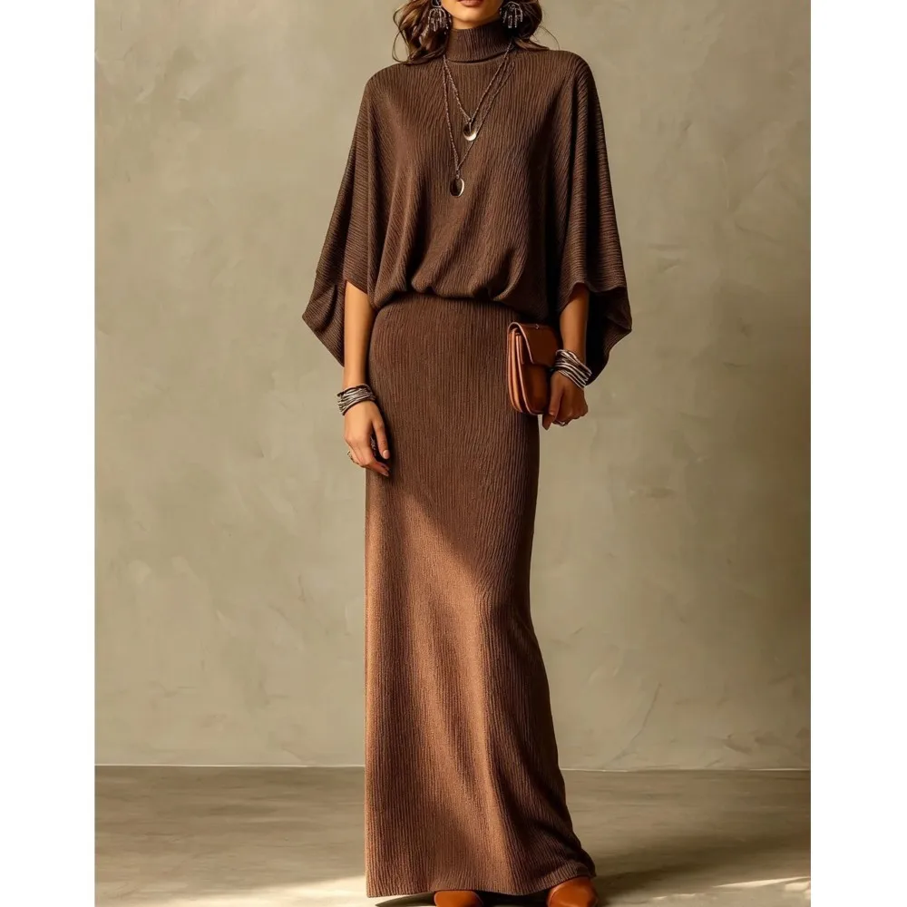Autumn Winter New Fashion High Collar Bat Sleeve Skirt 2piece Set Women Casual Knitted Pit Strip Elegant Slim Hip Hip Skirt Suit
