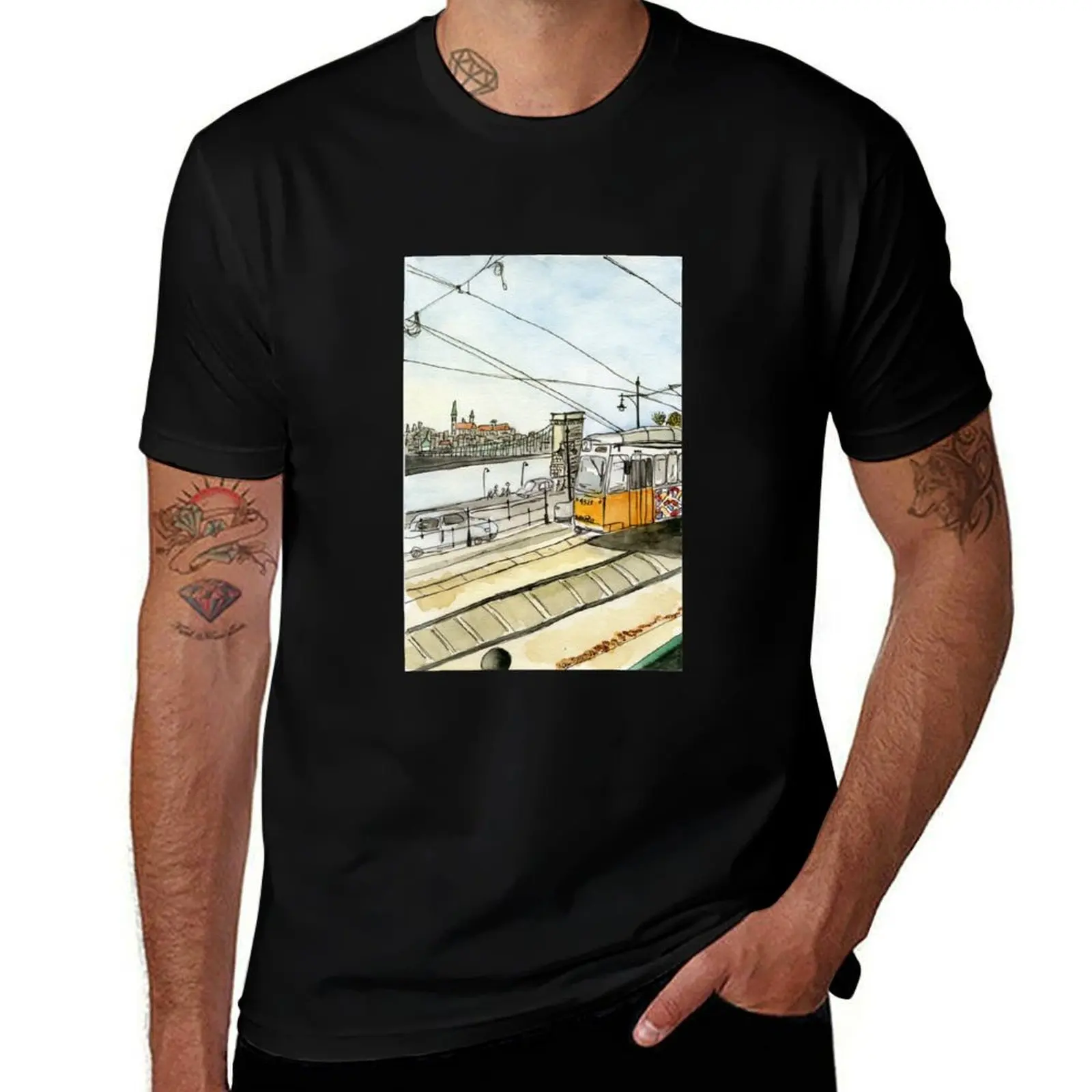 Watercolor tram budapest T-Shirt Graphic Print Short Sleeve T-Shirt