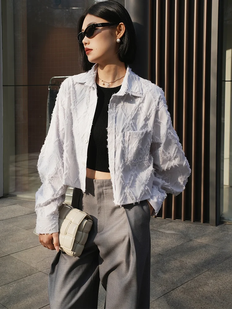 QCEO Women's Short Shirt Lace Trim High Waist Cotton Polyester Blend Spring Autumn Diamond Grid Design Breathable Long Sleeve