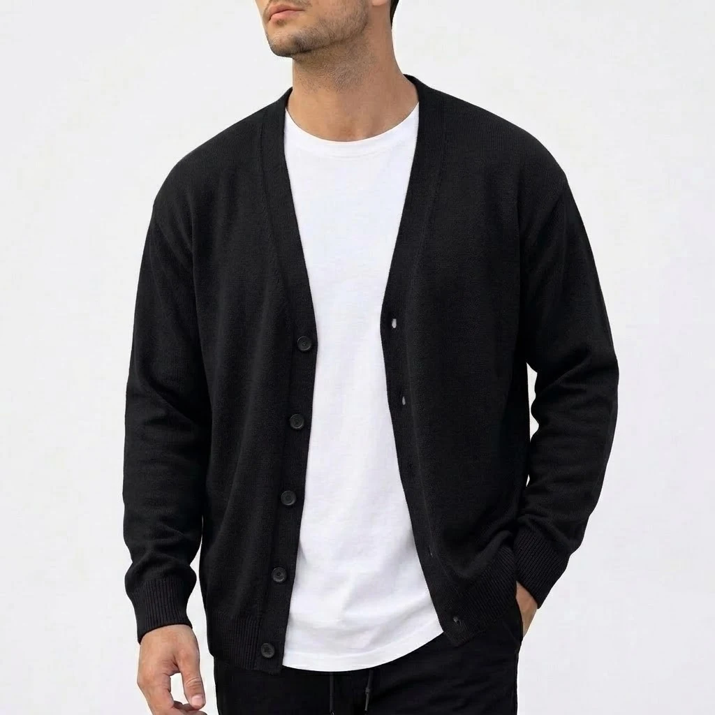 Outdoor-Herren-Strickjacke mit V-Ausschnitt, langen Ärmeln, einfarbig, lässige Sportbekleidung, geknöpfter Strickmantel. – Detail 7