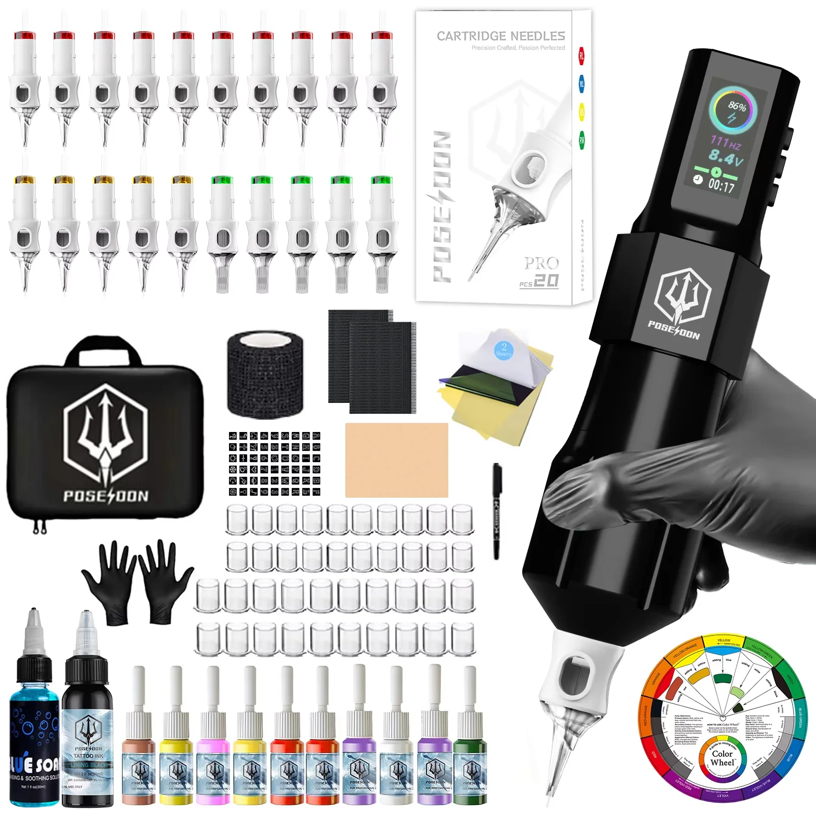 POSEIDON Tattoo-Set V6 Tätowiernadel Tattoo-Set für Permanent Make-up Tätowiermaschinen-Set Schwarzes Kabelloses Tattoo-Pen-Set