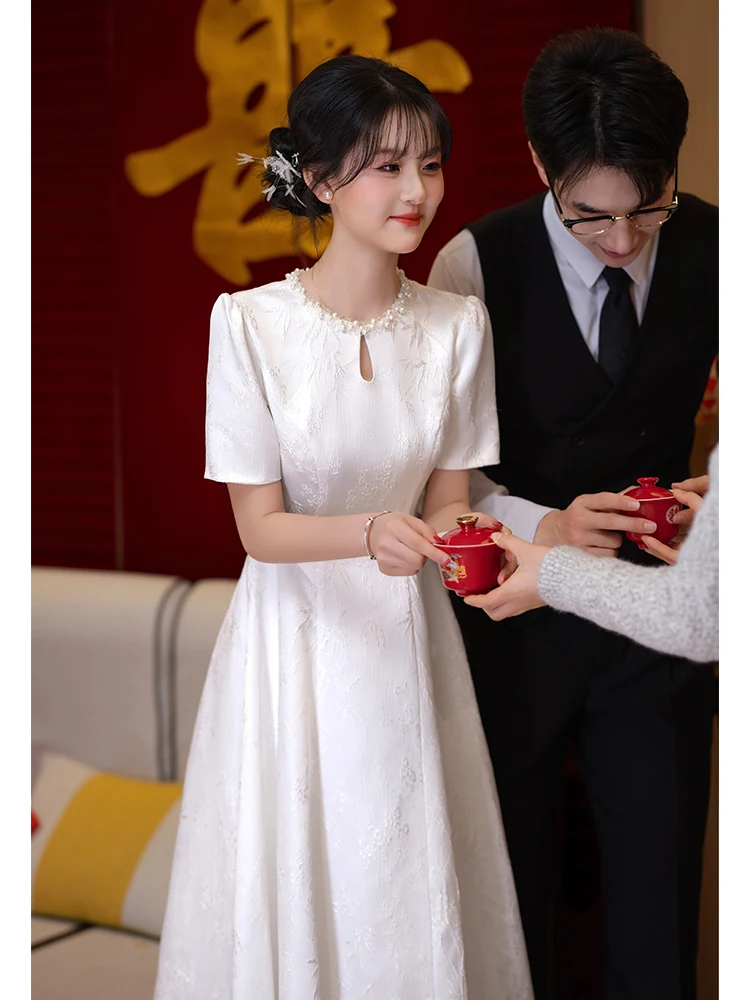 

White Wedding Dr Sweet Sle A-Line Skirt ort Sve mid Waist for Engagement Par Performance Daily Wear Summer Dr