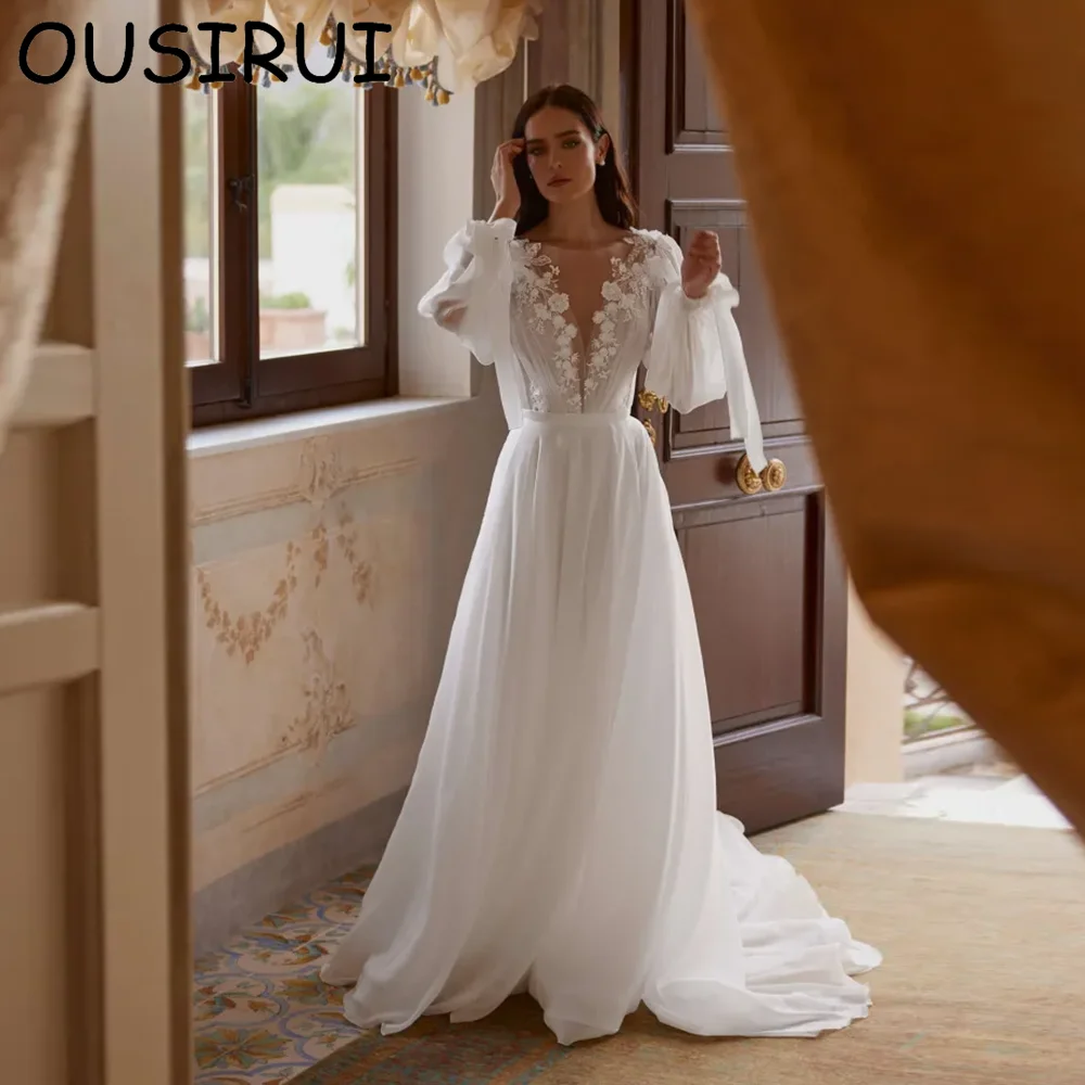 OUSIRUI Sheer Neck Floral Lace Chiffon A-line Bridal Wedding Dress Backless Court Wedding Party Gown with Sleeve Vestidos De