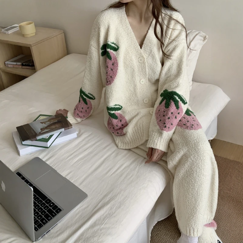 2026 Seasonal Hot Selling New Item Warm Strawberry Pattern Knitted Long Sleeved Top and Pants Two-piece Set for Women