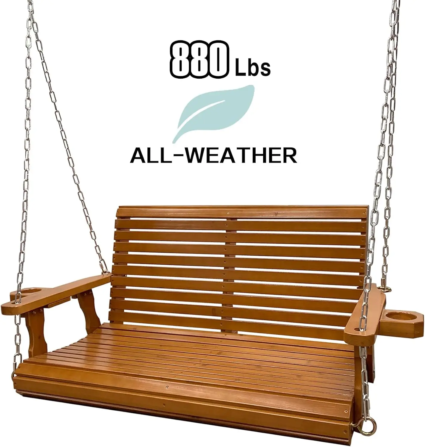 Porch Swing 2-, Bench Swing with , Hanging Chains and Springs, Heavy Duty 880 LBS, for Outdoor Patio Garden (Teak Tone, 4 FT Ext