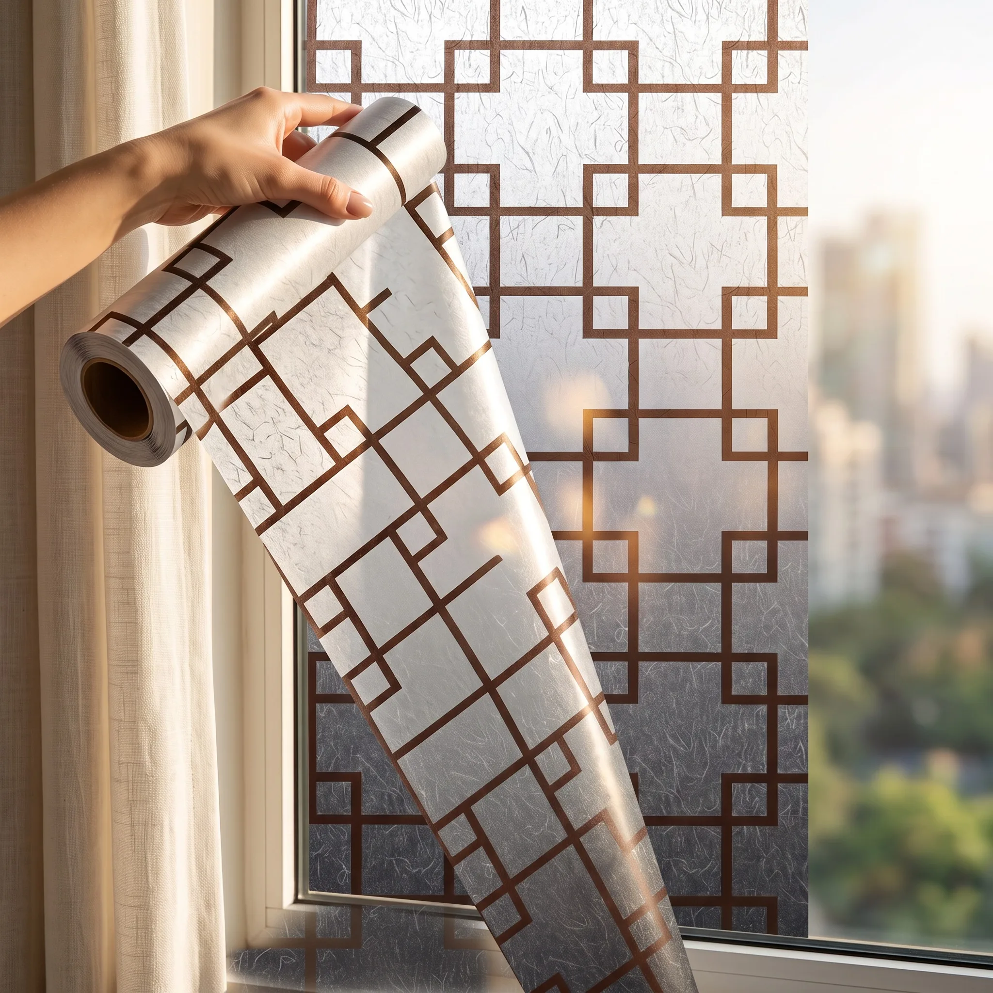 Static Cling No Glue Frosted Window Film Geometric Square Lattice Privacy Glass Film, New Chinese Decor for Bathroom Bedroom Off