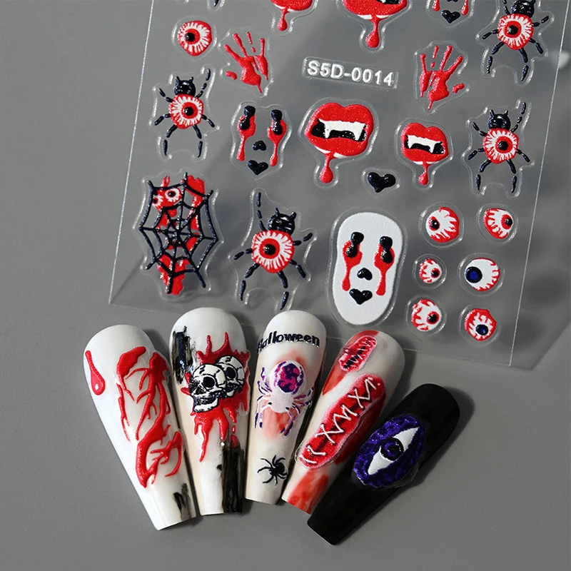 Halloween Nail Art Stickers Funny Relief Pumpkin 5D Nail Decals Designs Self-Adhesive Slider For Manicure Decoration Sticker