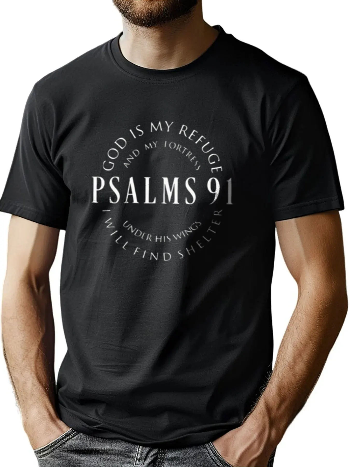 

Men's Comfort Fit Cotton Tee With Psalms 91 Print, Soft Regular Fit Ideal Father Day Gift For Dad Brother Husband​