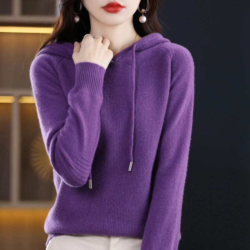 Autumn and winter new 100% pure wool ladies sweater hooded solid color loose fashion pullover sweater coat