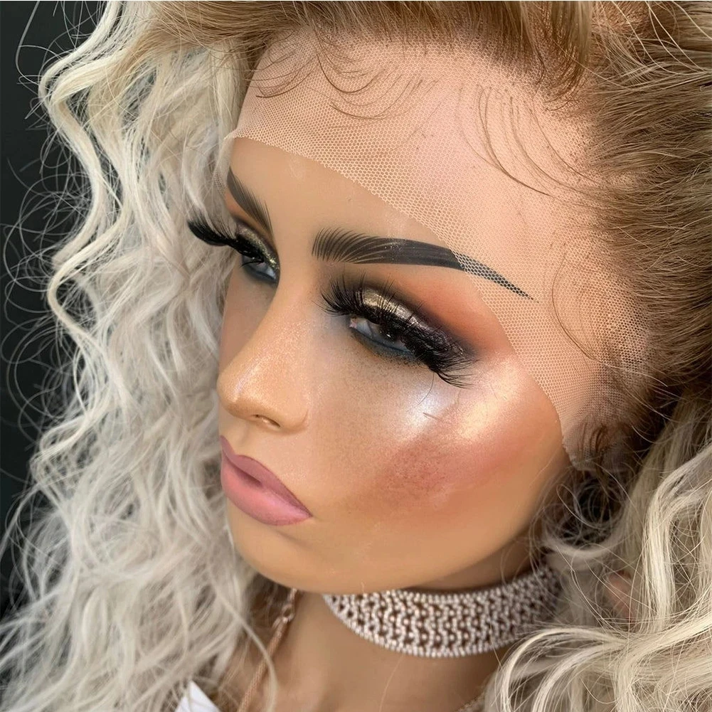 Loose Curly Synthetic Hair Ombre Ash Blonde Lace Front Wigs Glueless Lace Wigs with Baby Hair Pre Plucked Fiber Cosplay Daily