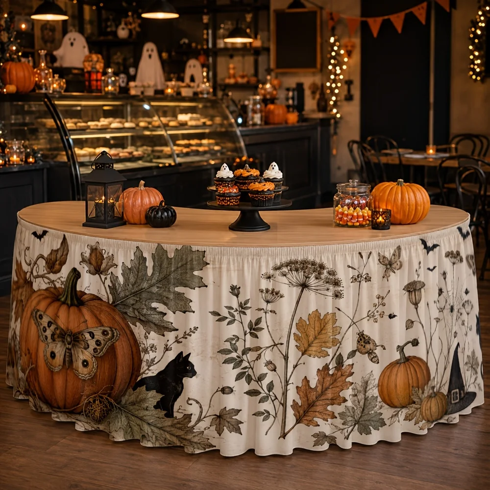 Tablecloth table skirt Autumn harvest Pumpkin witch hat Black cat Butterfly Decoration Kitchen Coffeexzj