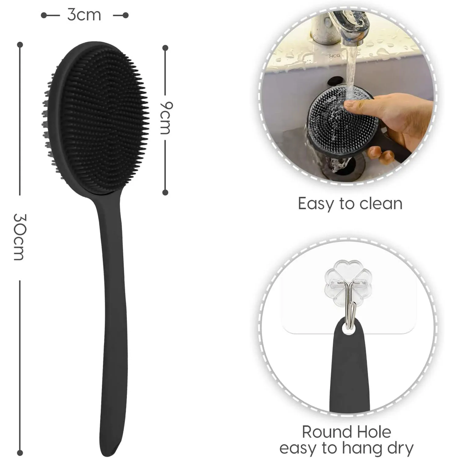 Brosse à dos en silicone pour douche, brosse de bain avec long manche, brosse de douche double face pour douche exfoliante et massage