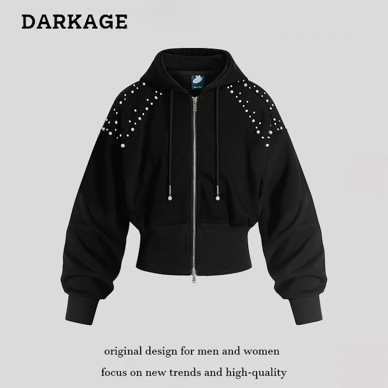 Sweat-shirt à capuche brodé de perles lourdes style américain pour femme, design automne 2025, court et cintré à la taille