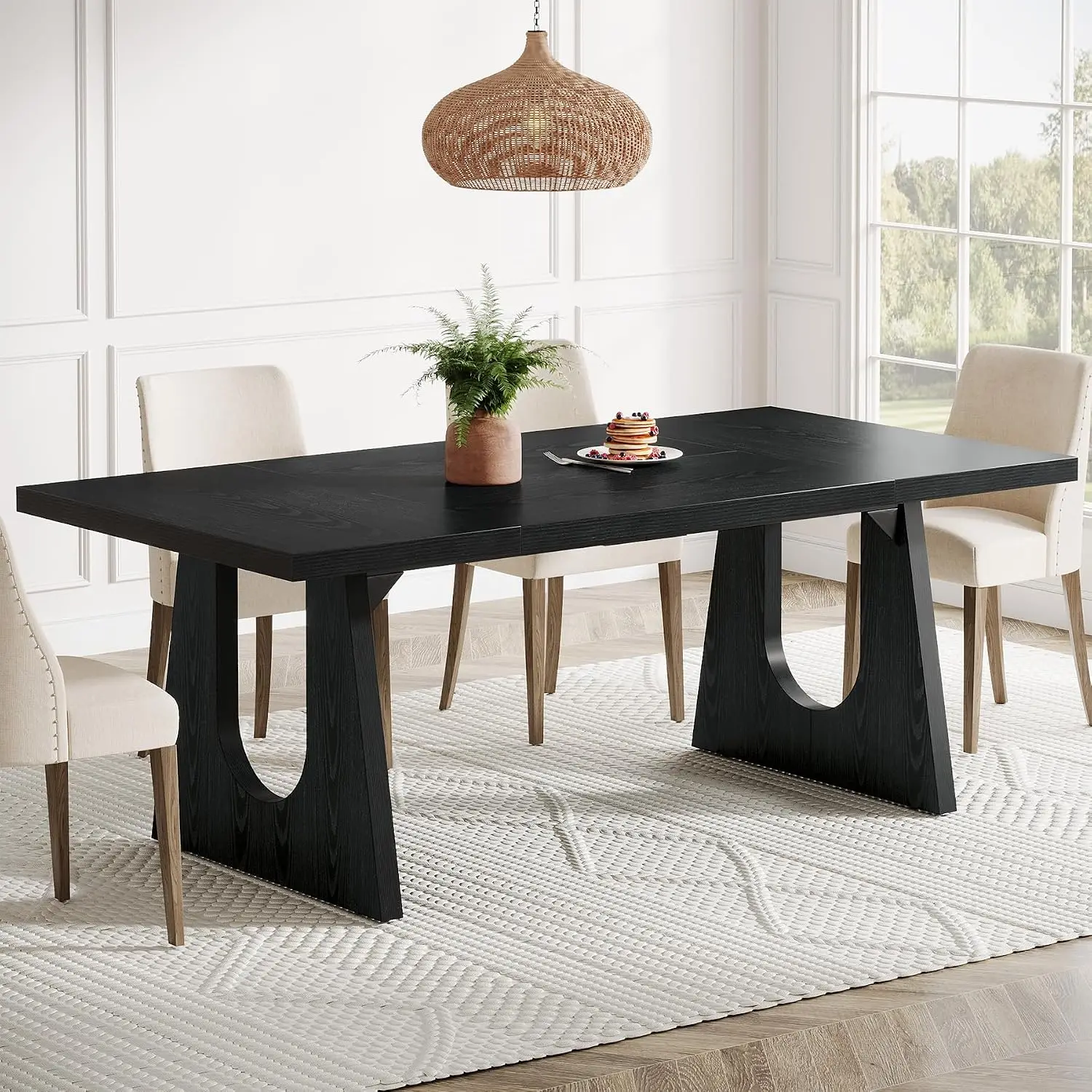 Wood Rectangular Dining Table Seats 6 8 People 70 9 Inch Black Legs Farmhouse Kitchen Living Room Furniture