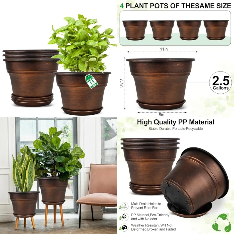 

Plant Planters Pots Set of 4 Pack 11 Inch, Plastic Flower Pot For Indoor Plants With Drainage Holes and Trays, Resin Decorative