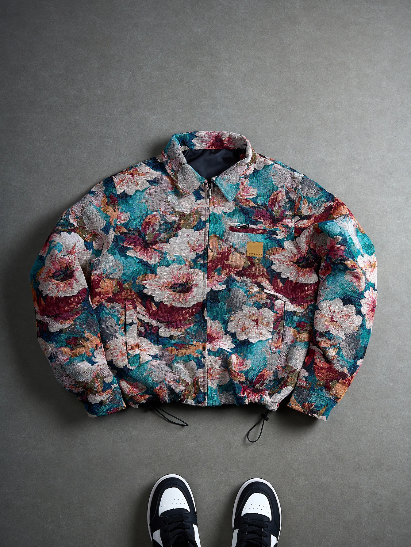 Men Oil Painting Floral Jacquard Lapel Jacket, Zipper Closure With Hem Drawstring, Textured Fabric, Loose Casual Retro Coat for Spring Autumn Daily Wear