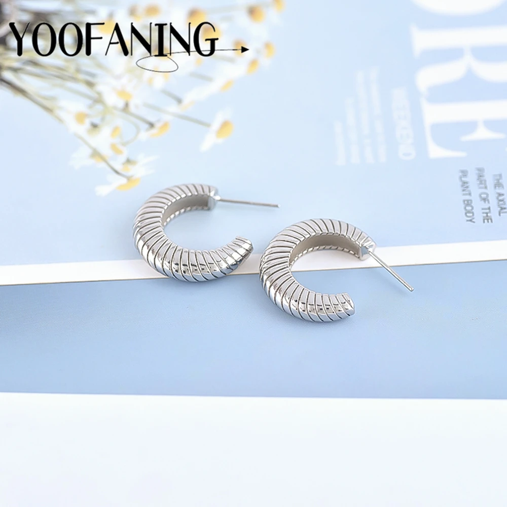 925 Sterling Silver Ear Needle high-end simple  hoop earrings striped C design men's/women fashionable single item jewelry gift