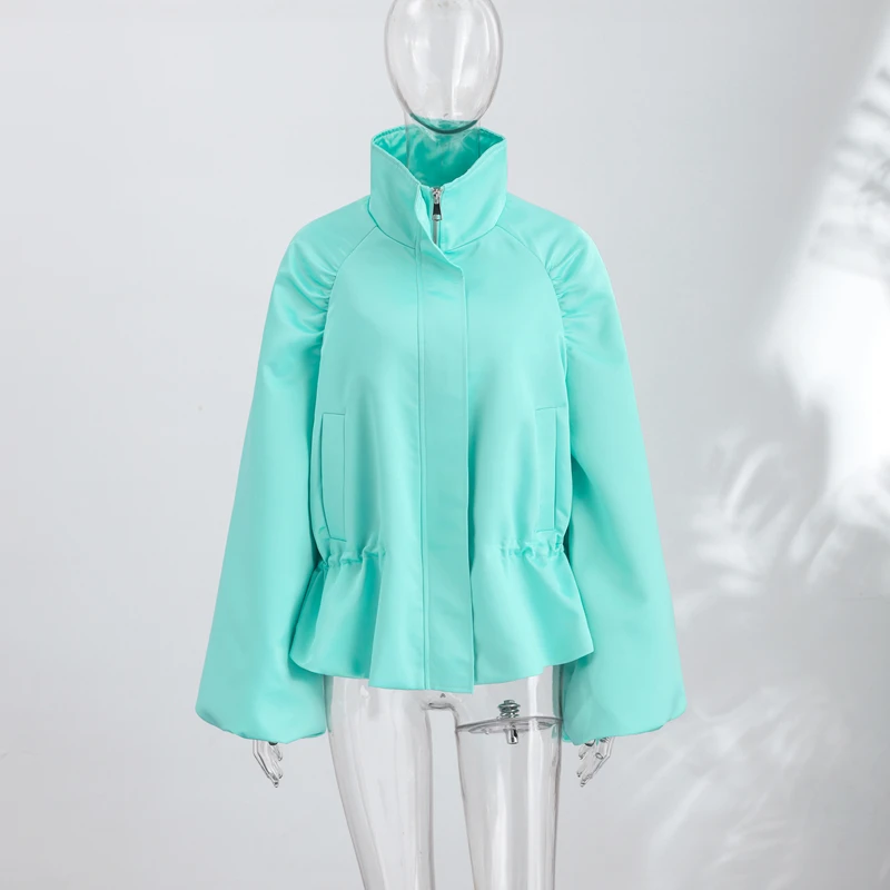 Übergroße, taillenbetonte, glänzende Oberflächenmäntel für Damen, Street-Style, Stehkragen, Laternenärmel, einfarbige, lockere Jacken, schicke Oberbekleidung – Detail 3