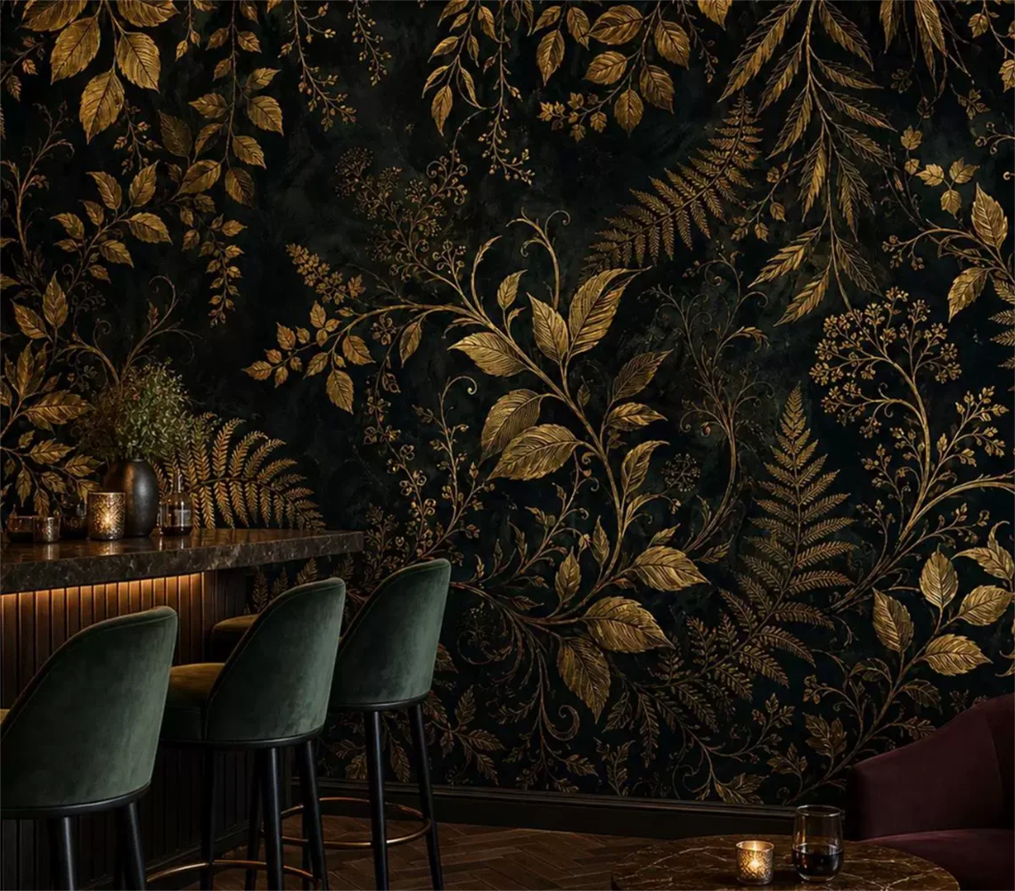 Vintage black gold plant leaves fern wallpaper bedroom headboard background wall antique style light luxury custom mural