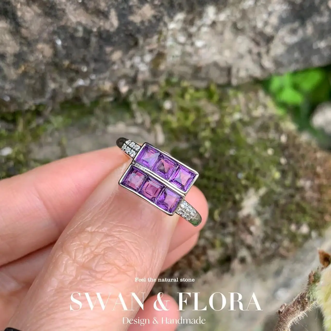 

Natural Amethyst Ring Stone Female Handmade Rings Jewelry for Women Gift Purple Flower