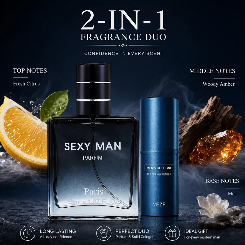 Men’s Perfume Set 2-in-1 Spray & Solid Cologne Long Lasting Fresh Woody Scent Portable Travel Date Fragrance Gift for Men view 5