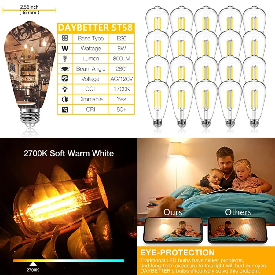 

ST58 LED Edison Bulbs, 8W Vintage Light Bulbs, Equivalent 60 Watt, 800LM, CRI85+, 2700K Warm White, Dimmable E26 Base LED Filam
