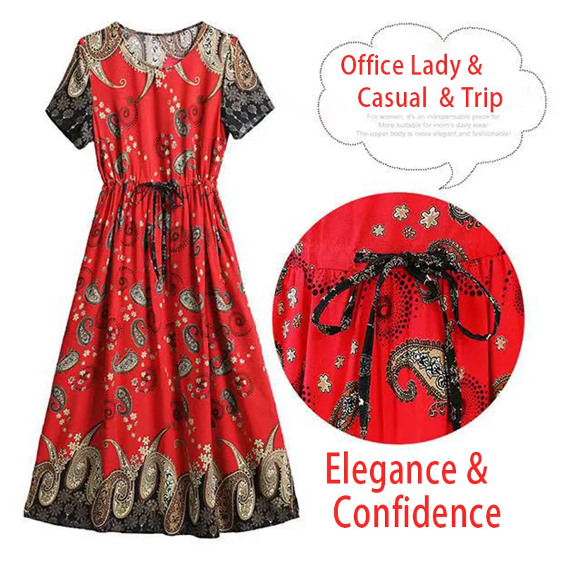 Bohemian Vintage Print Floral Midi Dresses Women Clothing Pockets O-Neck Draw String Waist Short Sleeve Elegant Dress Summer New