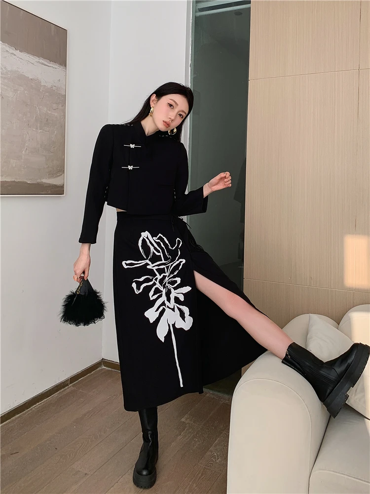 CHEERART Vintage Blazer Skirt 2 Piece Sets Women Outfit Spring Black Jackets And Skirts Contrast Stitch Fashion 2023 Outfit