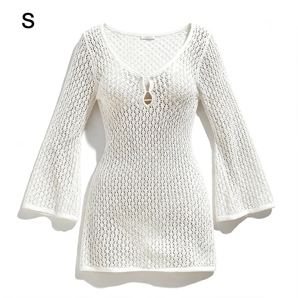 Deep V-Neck Knit Cover-Up Dress Long Sleeve Backless Design Crochet Tunic Dress Sun Protection Slim-Fitting Hollow-Out Dress