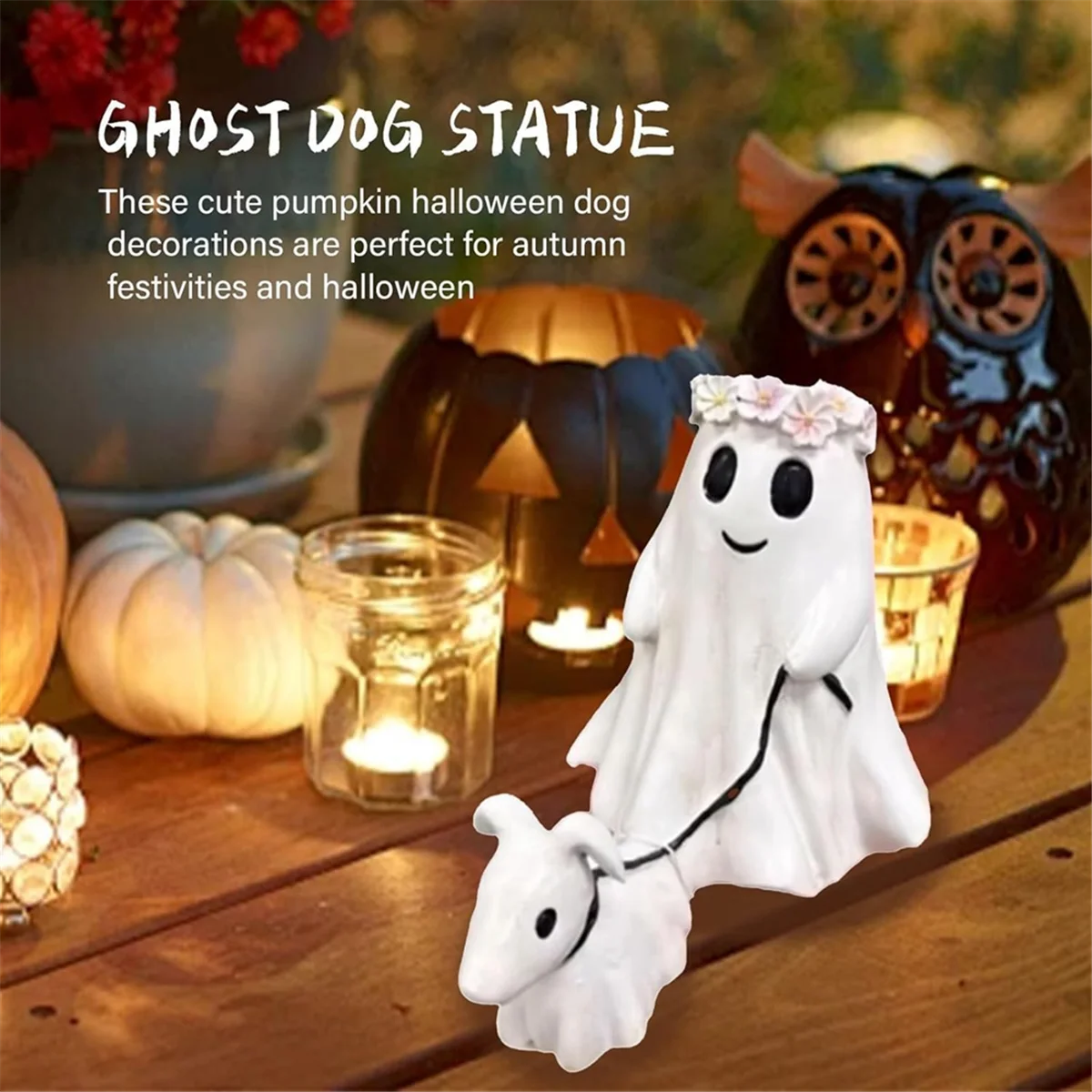 2pc Halloween Ghost Walking Dog Statue:Ghost Walking His Ghost Dog Halloween Ghost Dog Statues Spooky Ghost Dog Figurine