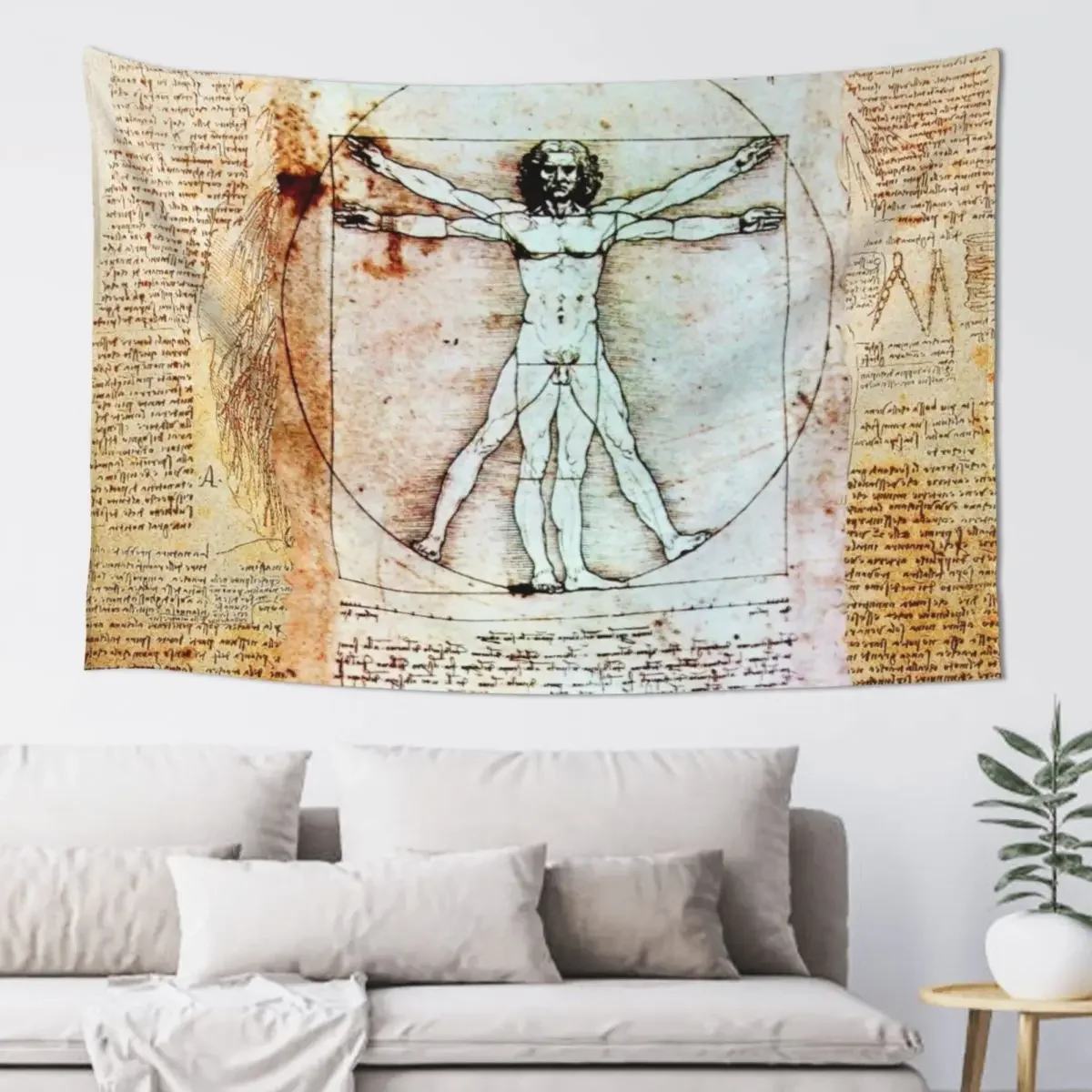 VITRUVIAN MAN Leonardo Da Vinci Handwriting Antique Parchment Tapestry Decoration For Home Japanese Room Decor Tapestry