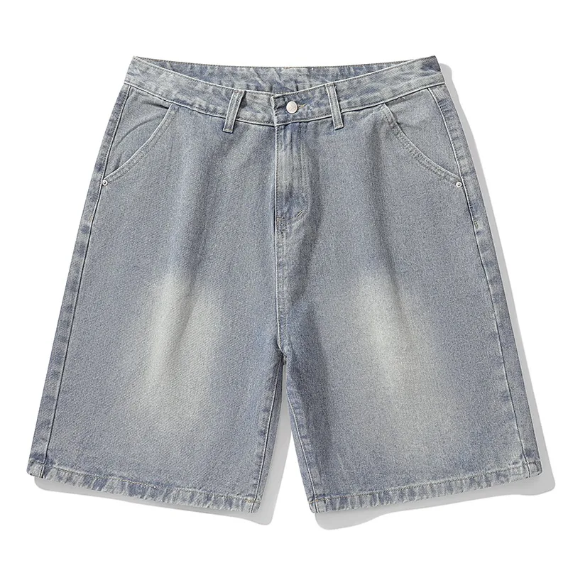 2026 Summer Men Vintage Wash Denim Bermuda Shorts Elastic Drawstring Waist American Street Loose Straight Five Point Pants