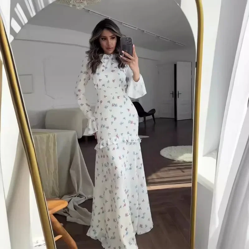 

Spring and Summer New Gentle Style Long Sleeve Oversized Swing Skirt Small Fresh Floral Floral Lotus Leaf Edge Length Dress
