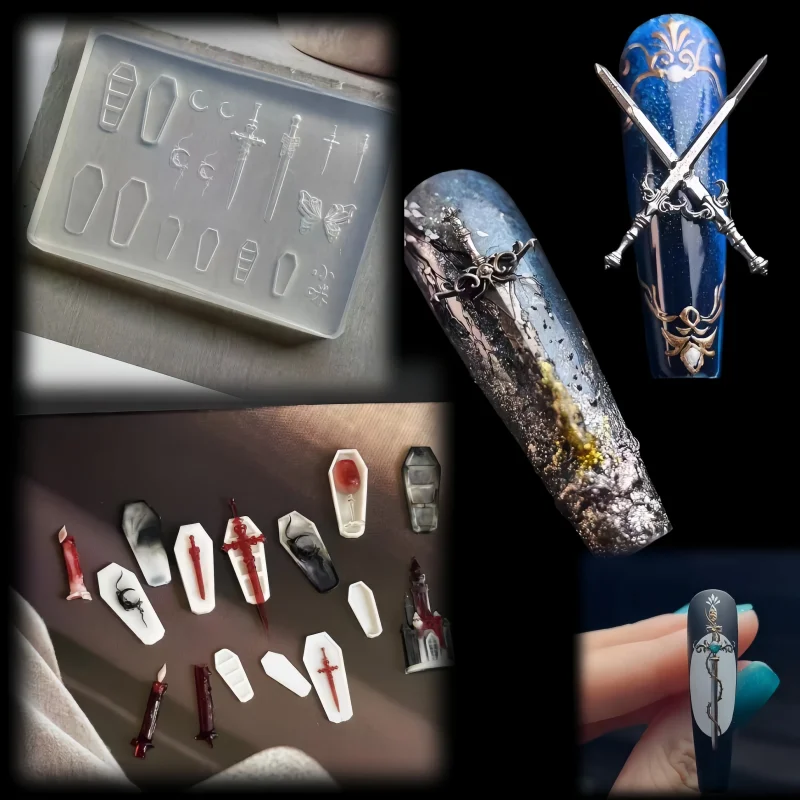 A Dark Style Silicone Nail Mold with a Sword, Moon, Butterfly, Coffin, Three-Dimensional Creative Decorative Nail Template