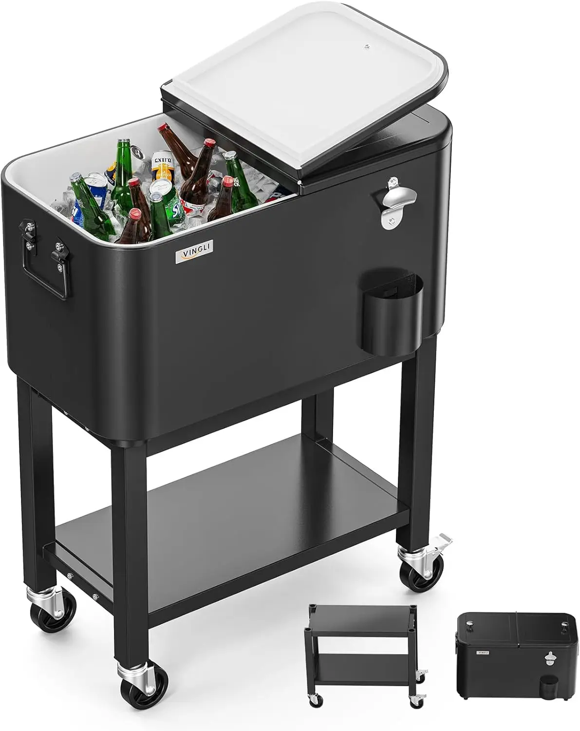 

Patio Cooler, Rolling Ice Chest on Wheels, Portable Patio Party Bar Drink Cooler Cart, with Shelf, Beverage Pool with Bottle
