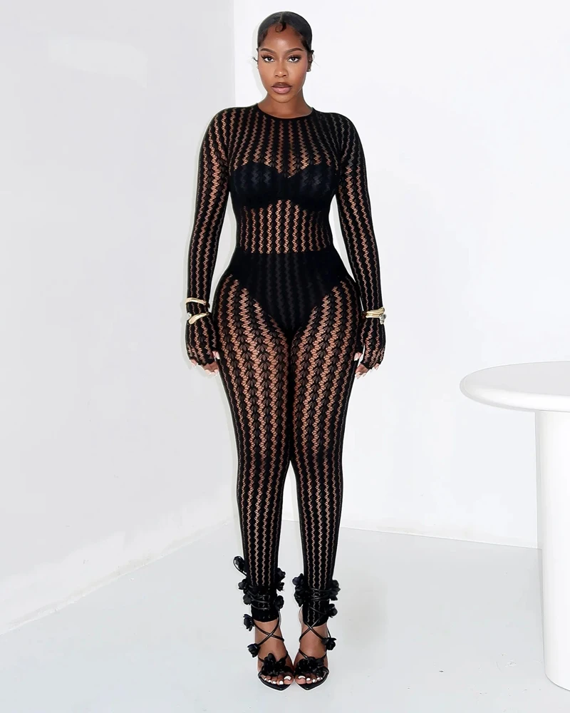 JENYAGE Women Sexy Sheer Wavy Striped Mesh Jumpsuit Long Sleeve Finger Hole See Through Bodycon Catsuit Nightclub Party Outfit