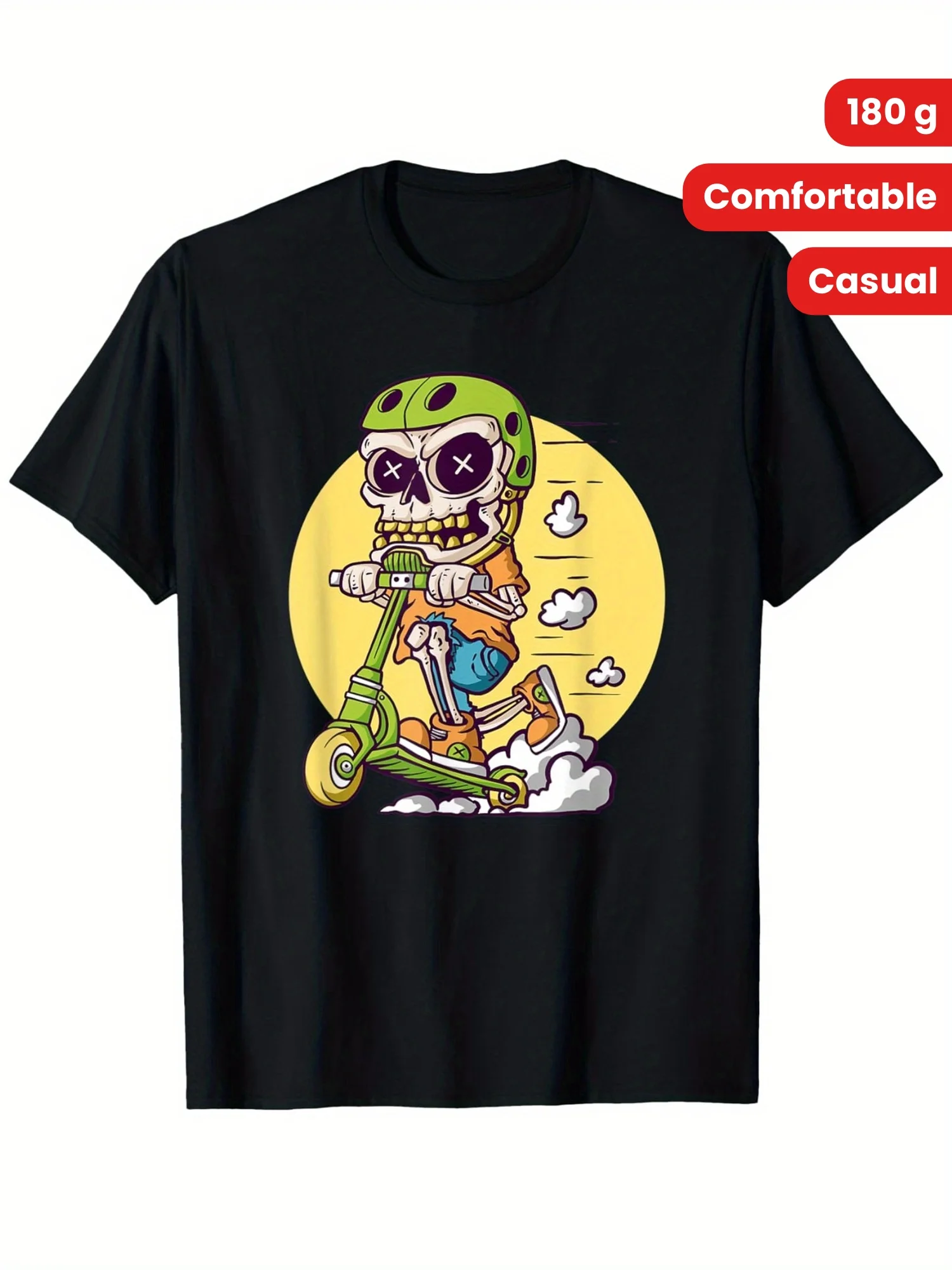 Men'S & Women'S Cartoon Skeleton Riding Scooter Graphic T-Shirt - 180gsm Heavyweight Oversized Streetwear Tee