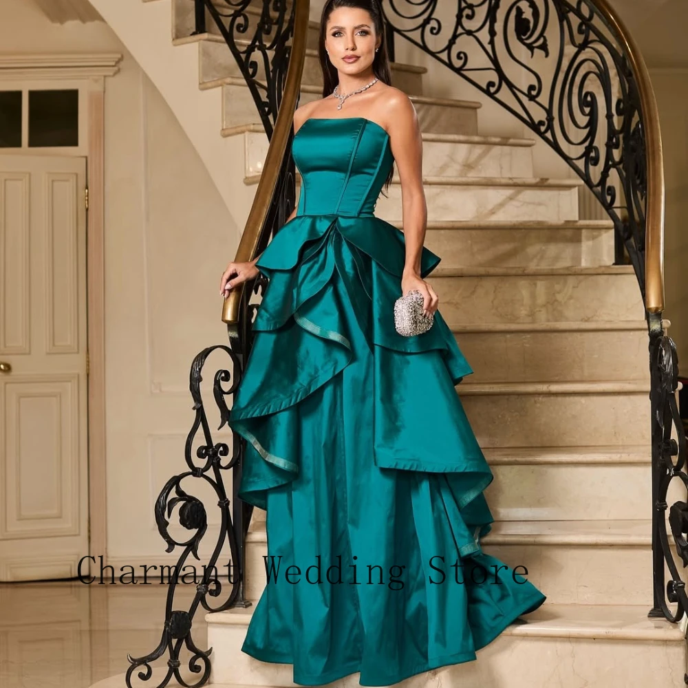 

Teal Green Strapless Satin Corset Waist with Tiered Ruffle Ball Gown Floor Length Formal Evening Prom Wedding Guest Maxi Dress