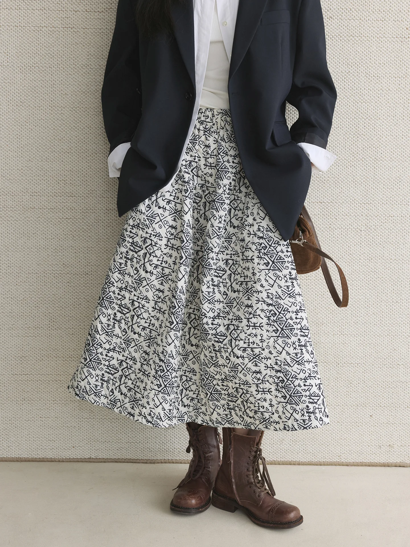 겨울 패션 레트로 물고기뼈 기하학 패턴 A라인 스커트, 편안하고 캐주얼한 여성용 롱 스커트