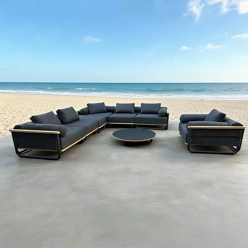 Modern Outdoor Aluminum Frame Wooden L-Shaped Corner Garden Sofa Set for Living Room Waterproof & Eco-Friendly