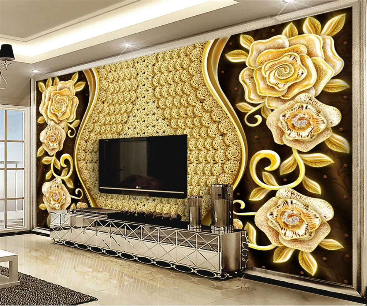 

Custom gold diamond flower Art Wallpaper Mural Wall Painting Modern Living Room Bedroom Sofa TV Background Photo Wallpaper