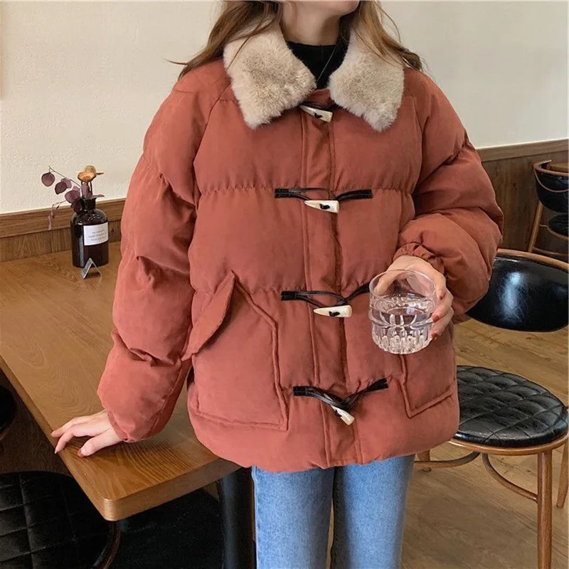 

Women's Thickened Cotton Jacket Winter Coat Button Design Hong Kong Style Harajuku Outerwear Female Large Size Clothing
