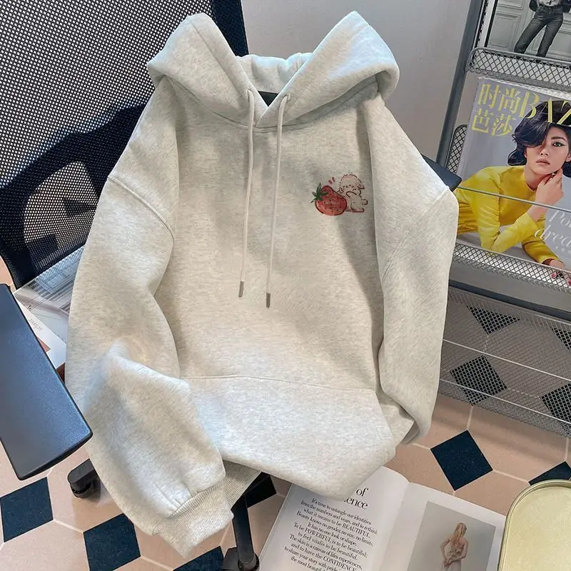 Sweet Strawberry Print Hooded Pure Cotton Hoodie for Men and Women in Spring and Autumn Loose Oversized Street Versatile Top Ins