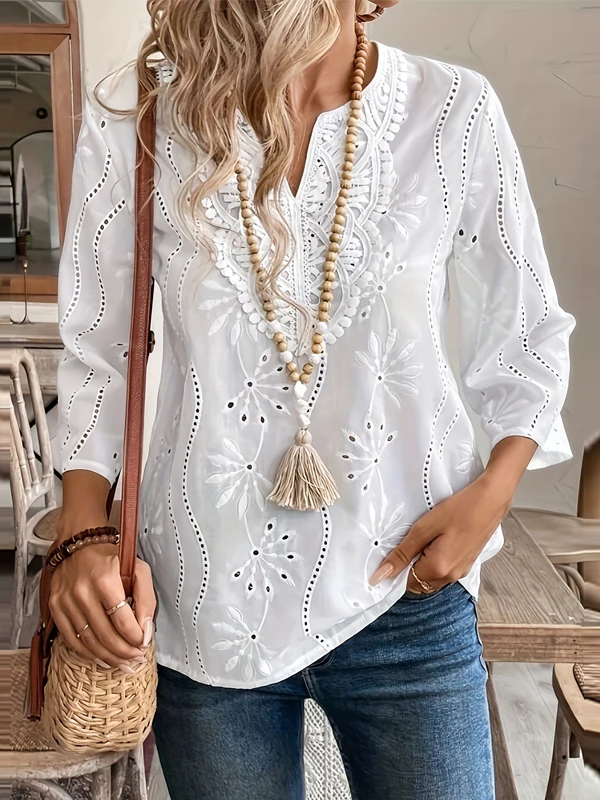 

Женская блузка из шифона с V-образным вырезом и кружевом, мягкая ткань, свободный крой, полиэстер, для ранней весны