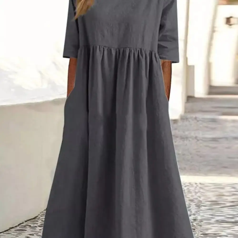 Elegant Women Casual Maxi Dress Solid Color Round Neck Half Sleeve Relaxed Silhouette Soft Breathable Summer Beachwear Tunic