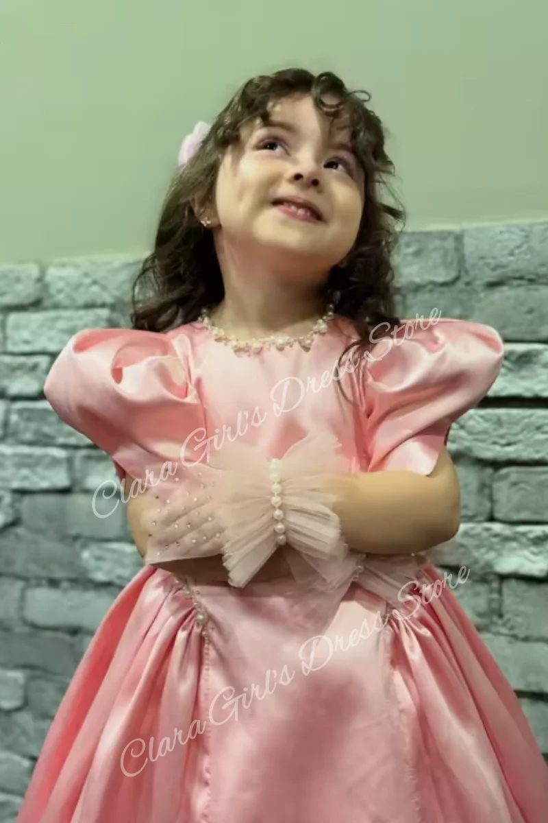 Rosa Perlen-Geburtstagspartykleid für Mädchen, kurzärmelig, A-Linie, Prinzessin, Blumenkleid, Kinderpartykleid, anpassbar