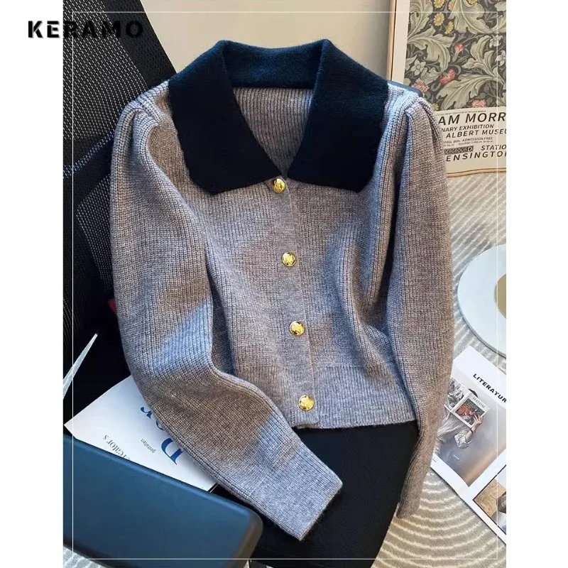 2023 Autumn Winter Luxury Office Lady Knitting Long Sleeve Cardigans Women\'s Fashion Elegant Turn Down Collar Patchwork Sweater