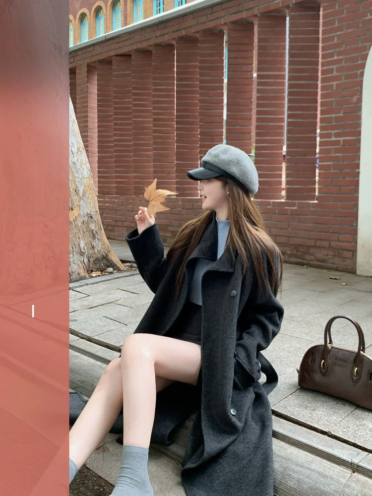 

Ele Pure Color Mid-Length Woolen Coat for Women Stand Collar Long Sve Winter Jaet Street Sle Polyester Blend