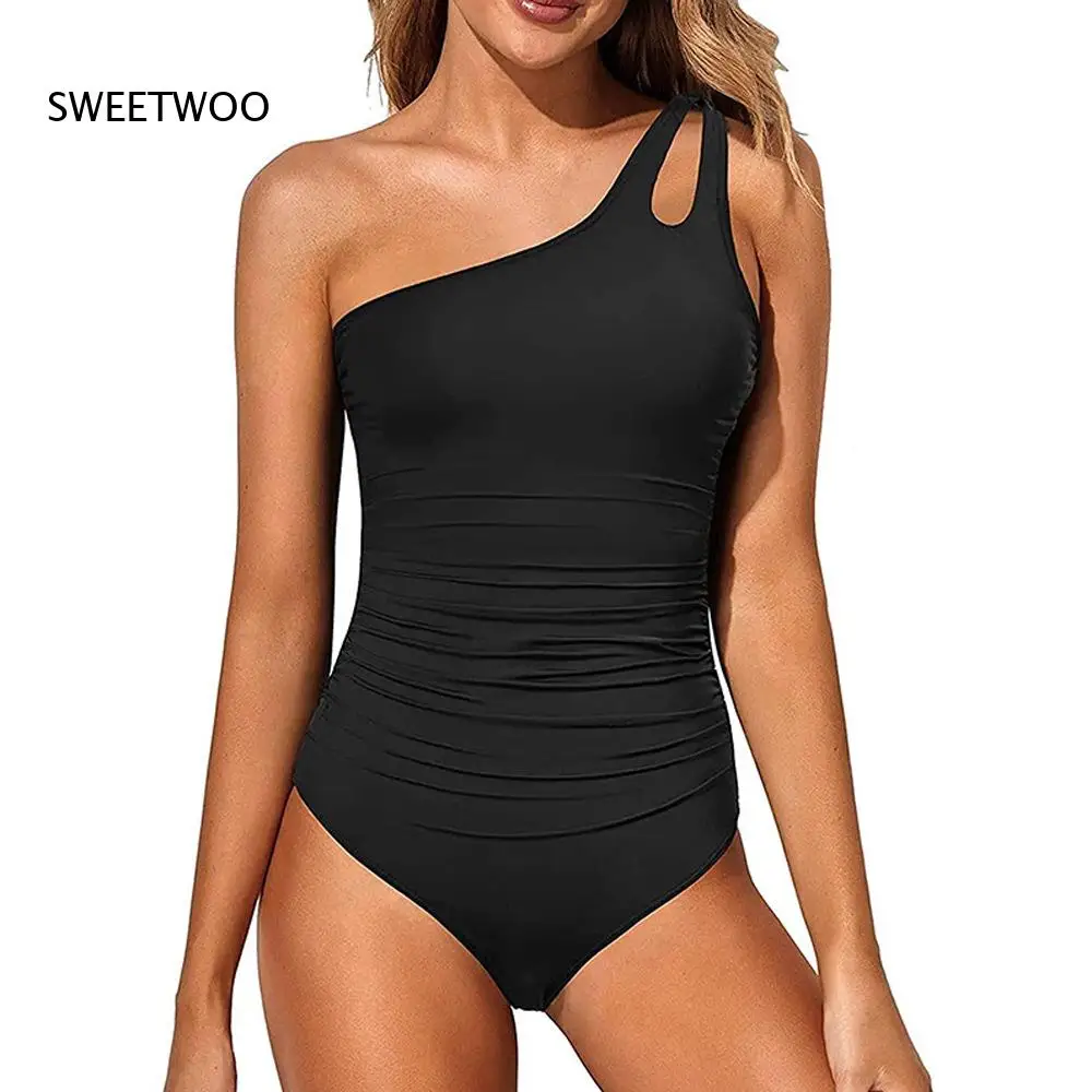 Women One Shoulder Ruched One Piece Swimsuit Tummy Control Monokini High Cut Bathing Suit Summer Beach Swimwear